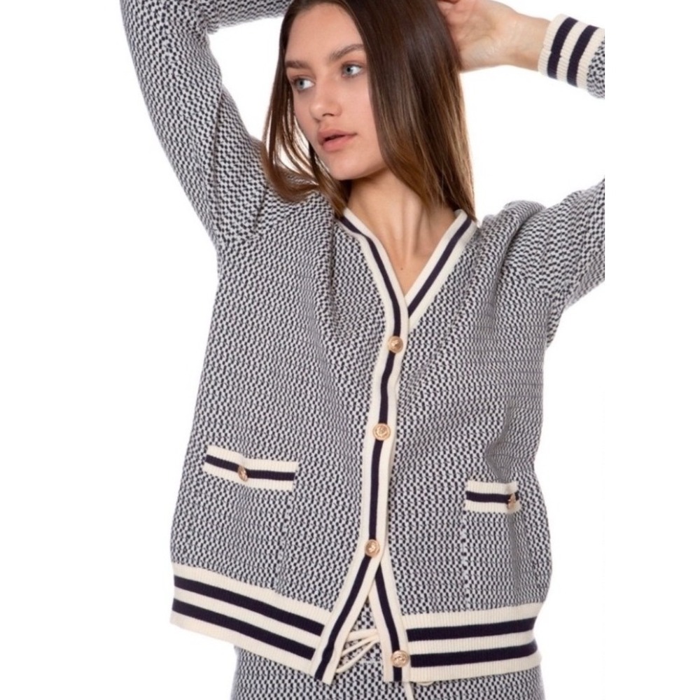 Ellandemm Cardigan XS Navy Cream Preppy Gold Button Knit Sweater Academia Chic